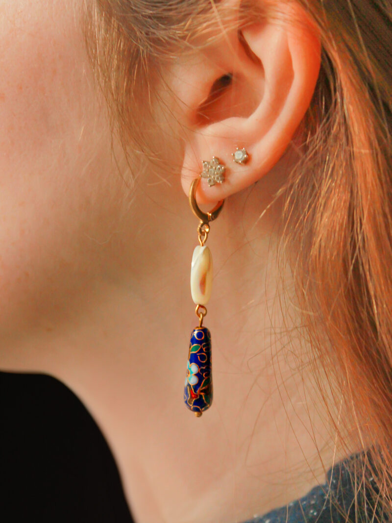 Vintage authentic Cloisonné boho dangle earrings with mother of pearl.