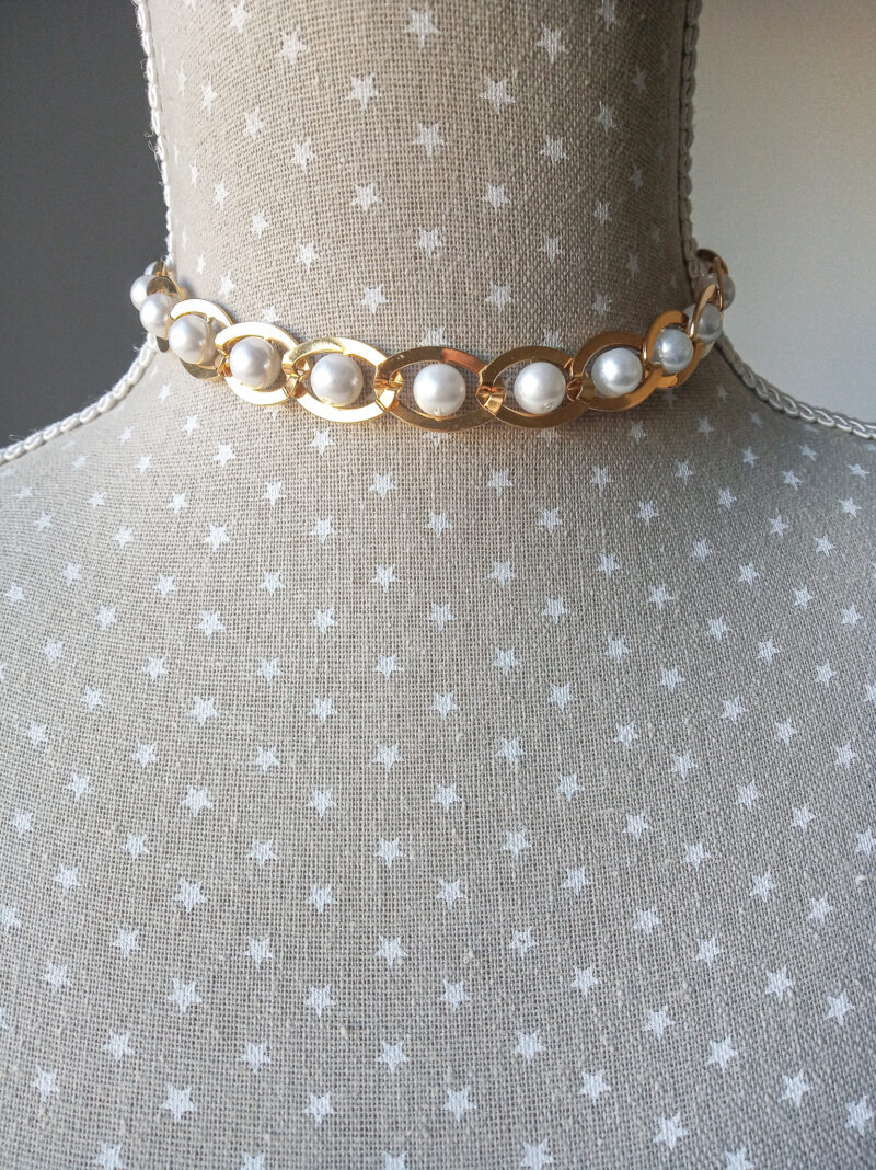 90s vintage 18K gold plated chain pearl choker necklace.