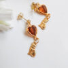 Vintage dangle cat earrings with amber crystal heart. - Image 2